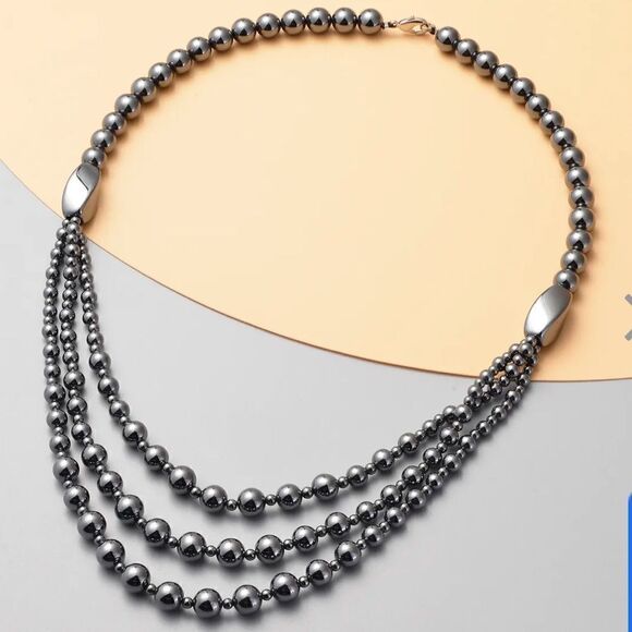 New! Hematite Beaded Stone Necklace, Layered Metallic - Picture 2 of 8
